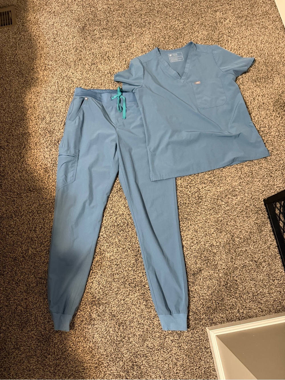 Figs Light Blue Jogger Scrub Pants with Teal Drawstring